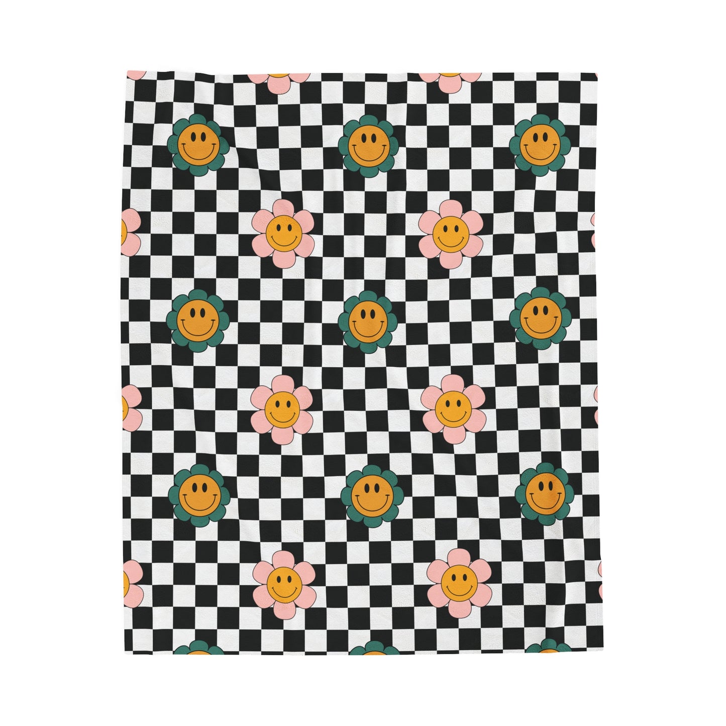 Velveteen Plush Blanket with Retro Checkerboard and Smiley Flowers Design, Funky Cool Home Decor, Teen Dorm Room, Colorful Throw Blanket