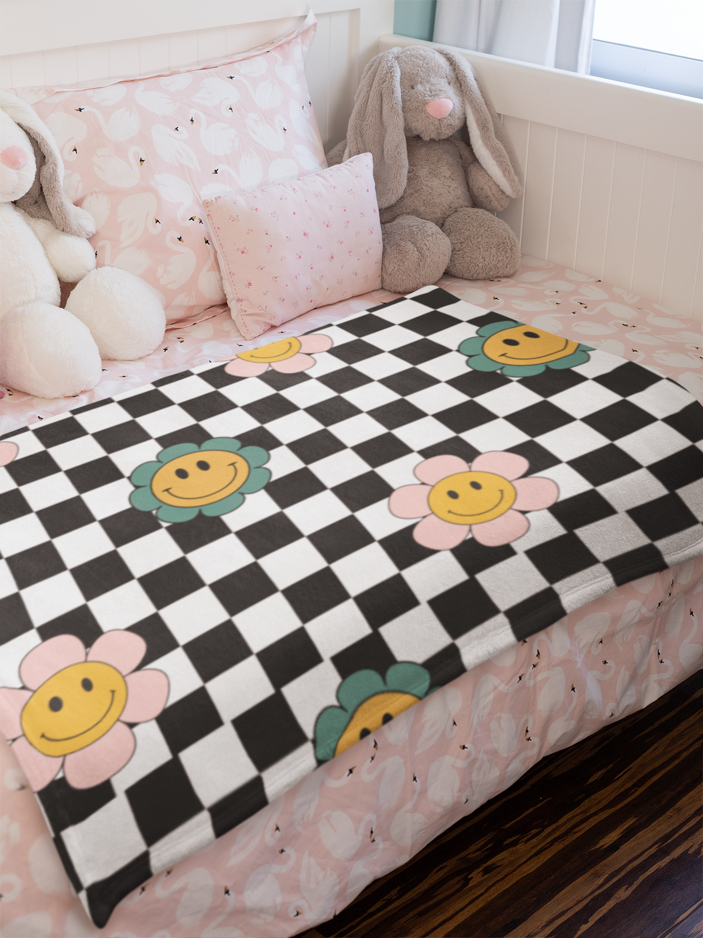 Velveteen Plush Blanket with Retro Checkerboard and Smiley Flowers Design, Funky Cool Home Decor, Teen Dorm Room, Colorful Throw Blanket