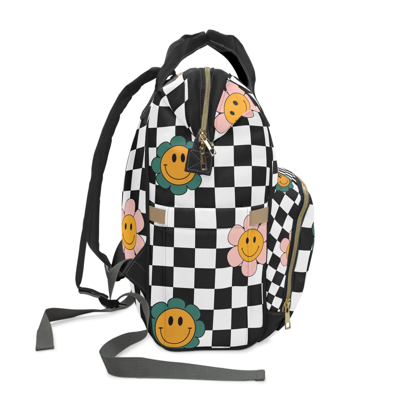 Diaper Bag Backpack, Bold Checkered Floral Print, Stylish Cool Mom Gear, Feral Mama On-The-Go, Baby Essentials Storage, Funky Diaper Bag