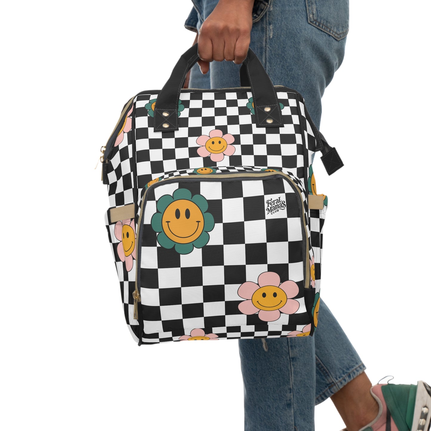 Diaper Bag Backpack, Bold Checkered Floral Print, Stylish Cool Mom Gear, Feral Mama On-The-Go, Baby Essentials Storage, Funky Diaper Bag