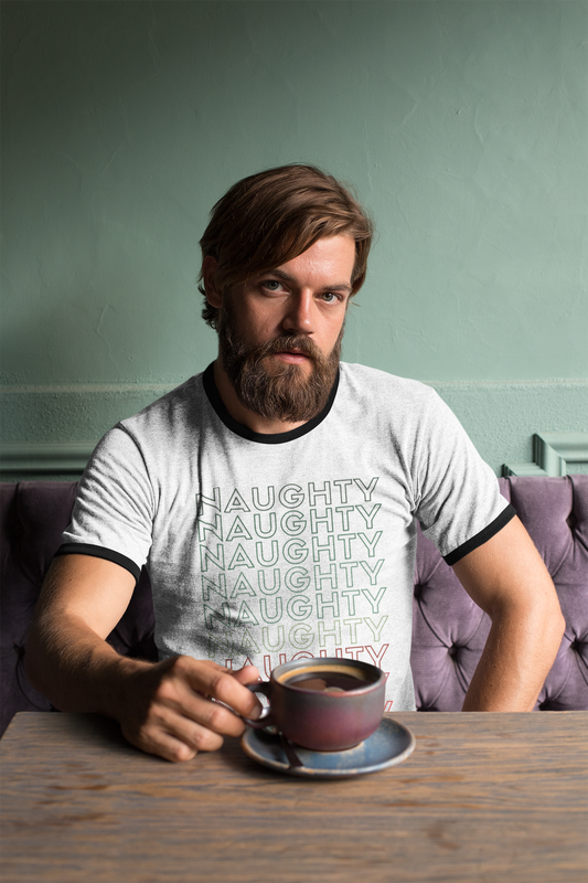 Holiday Naughty List Ringer Tee, Men's Christmas Party Shirt, Retro Style Xmas Tee, Festive Family Photo Top, Oregon Designed Shirt