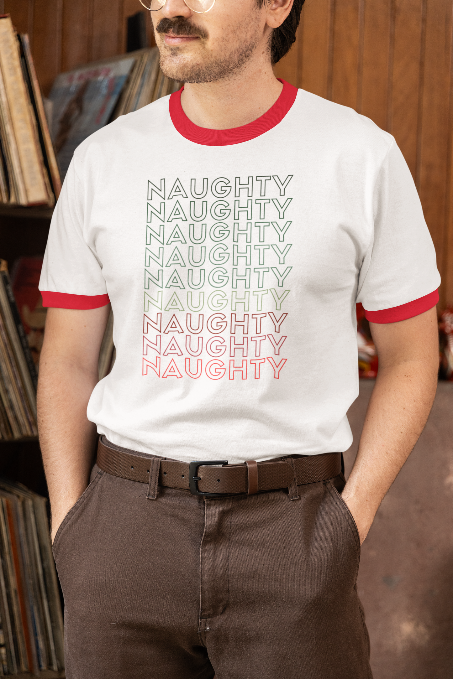 Holiday Naughty List Ringer Tee, Men's Christmas Party Shirt, Retro Style Xmas Tee, Festive Family Photo Top, Oregon Designed Shirt