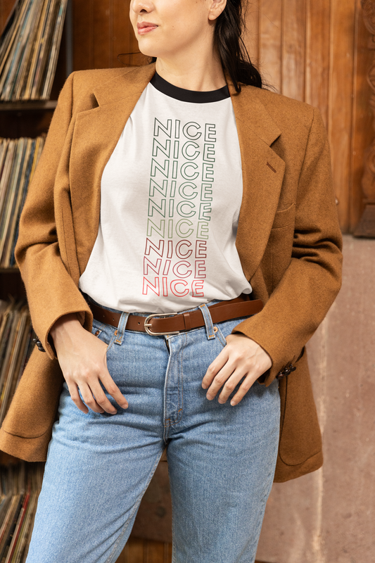 Holiday Nice List Ringer Tee, Unisex Christmas Party Shirt, Retro Style Xmas Tee, Festive Family Photo Top, Oregon Designed Shirt