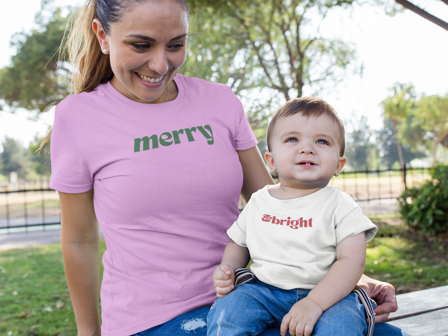 Matching Mommy and Me Christmas Tee Set, Be Merry & Bright T-Shirts, Funny Holiday Outfits, Family Shirts, Mom and Baby Gift, Xmas Apparel