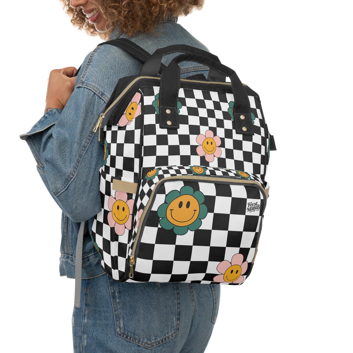 Diaper Bag Backpack, Bold Checkered Floral Print, Stylish Cool Mom Gear, Feral Mama On-The-Go, Baby Essentials Storage, Funky Diaper Bag