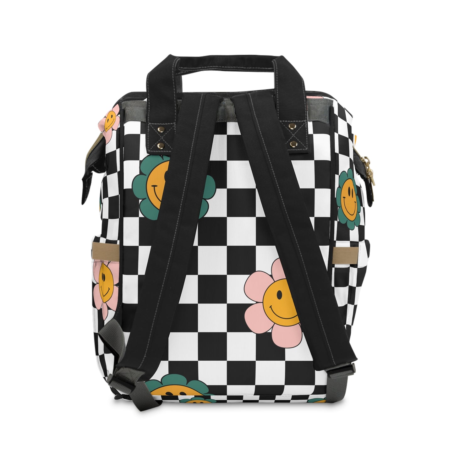 Diaper Bag Backpack, Bold Checkered Floral Print, Stylish Cool Mom Gear, Feral Mama On-The-Go, Baby Essentials Storage, Funky Diaper Bag